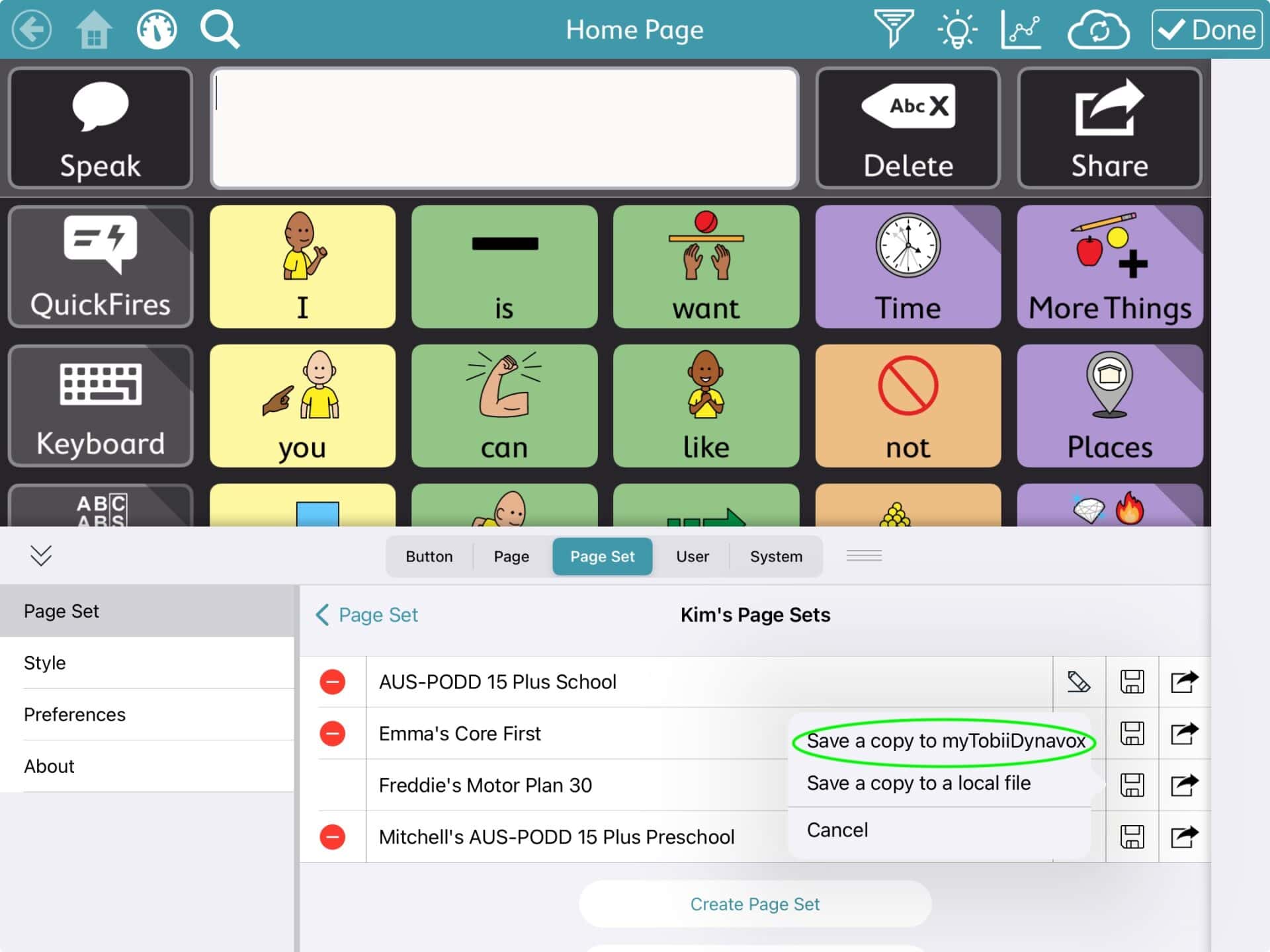 A screen shot of the Motor Plan 30 page set in the TD Snap app displayed on an iPad. The settings menu pop up is displayed showing the different page sets.